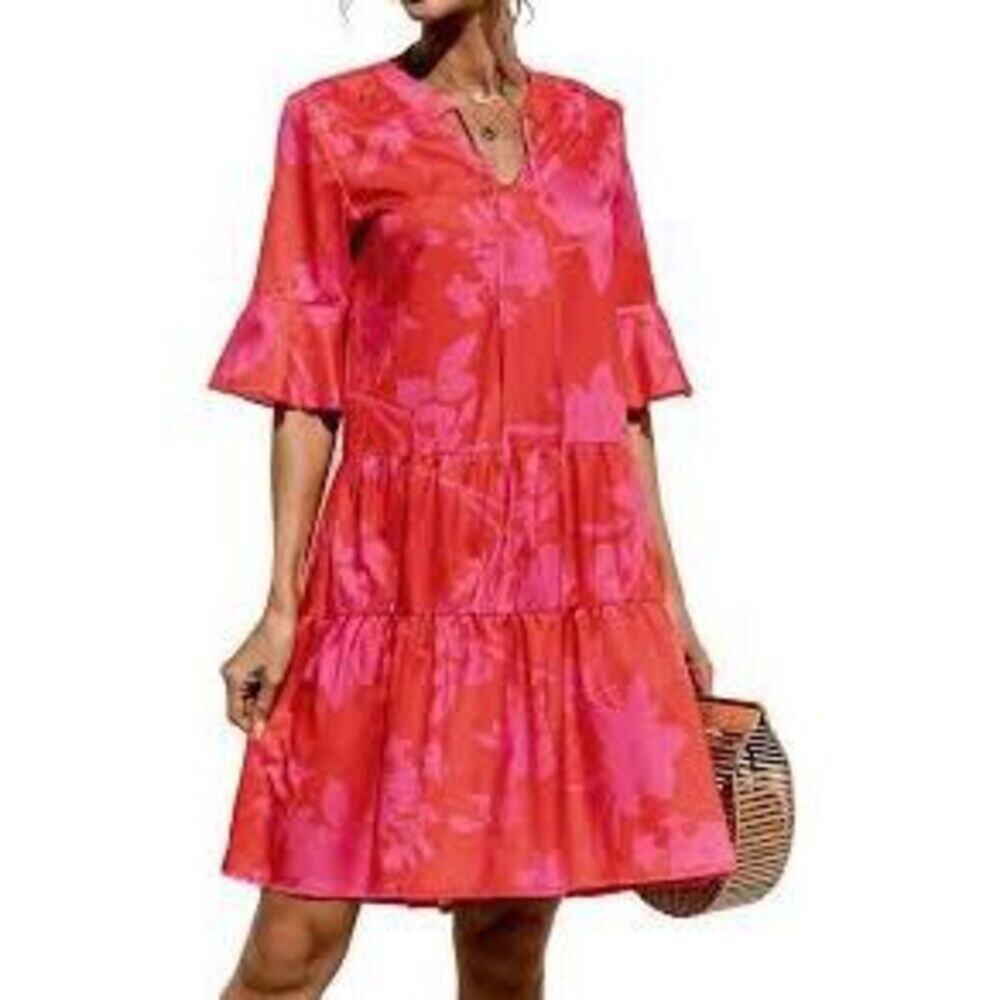 QINCAO Floral Tiered Dress – Red & Pink – Size S